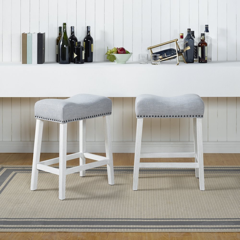 CoCo Counter Height Saddle Seat Stools, White-Washed Finish, Gray, Set of 2. Picture 2