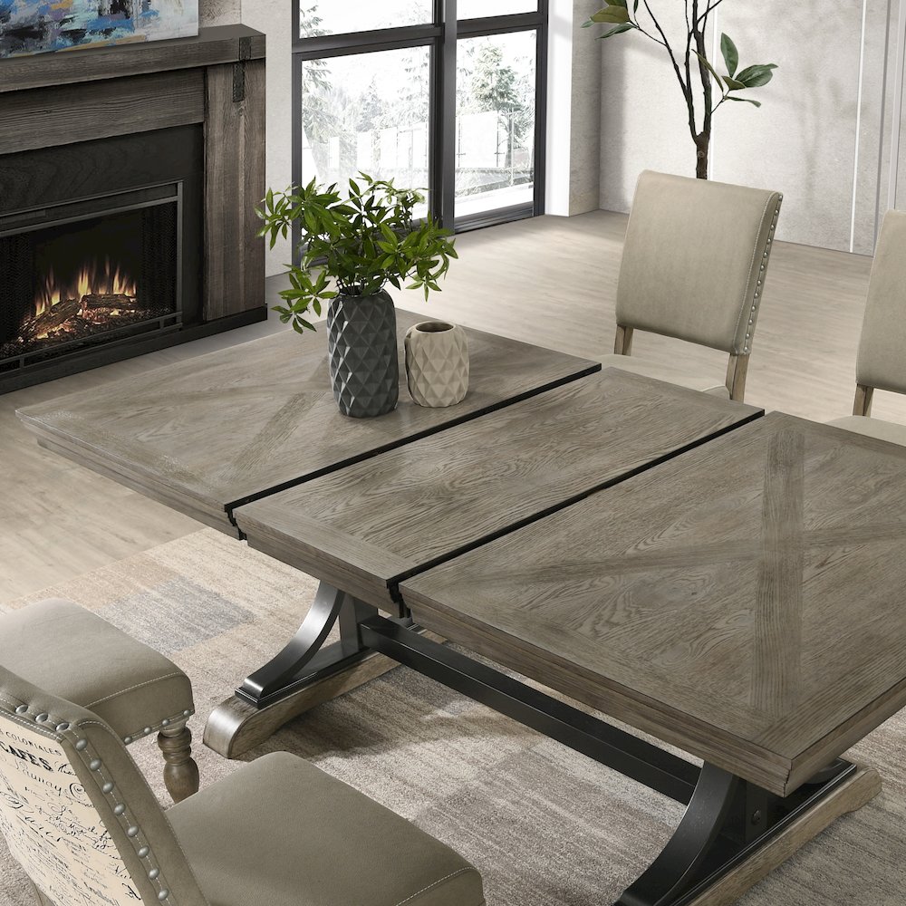 8-Piece Extendable Table with Nailhead Bench and Armchairs Dining Set, Driftwood. Picture 8