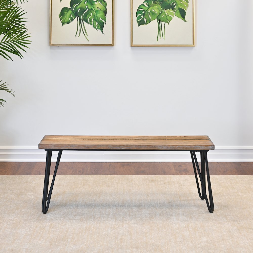 Aryven Industrial Wood Dining Bench, Rustic Dark Pine Finish. Picture 5