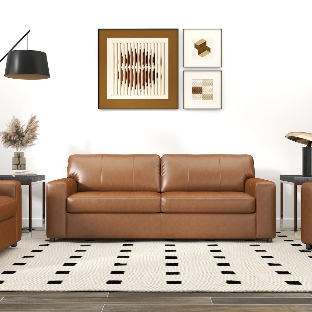 Sakan Leather 3-Pc Living Room Set, Sofa Loveseat and Chair, Caramel. Picture 10