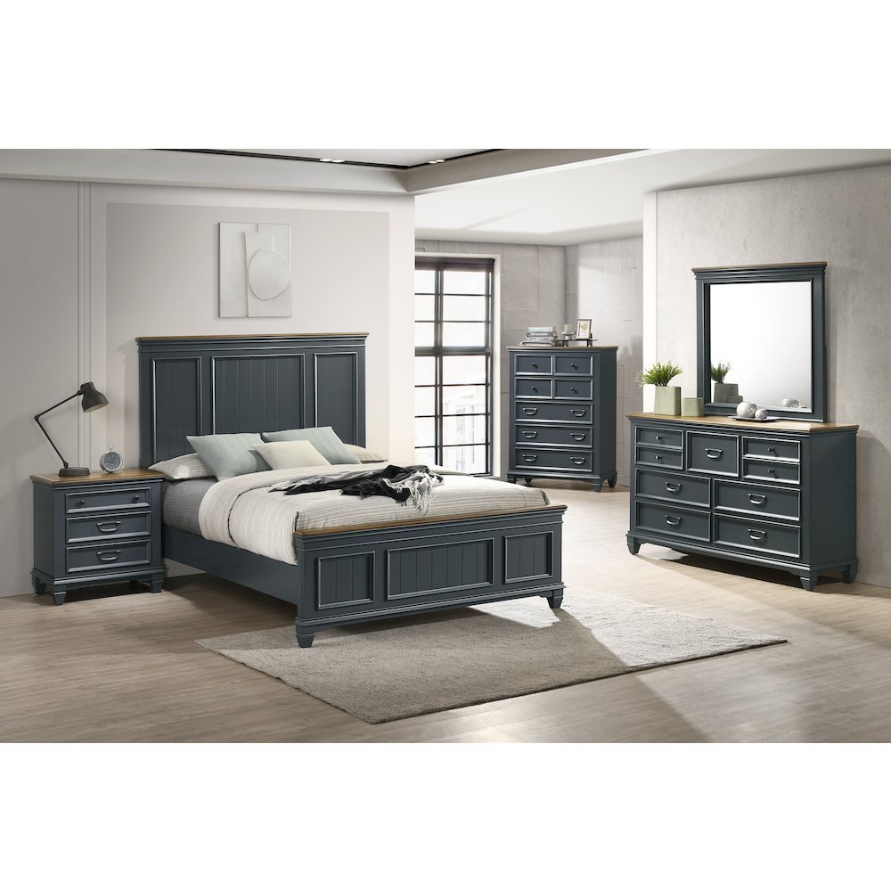 Clelane Wood Bedroom Set Panel Queen Bed, Dresser, Mirror, Nightstand, Chest. Picture 1