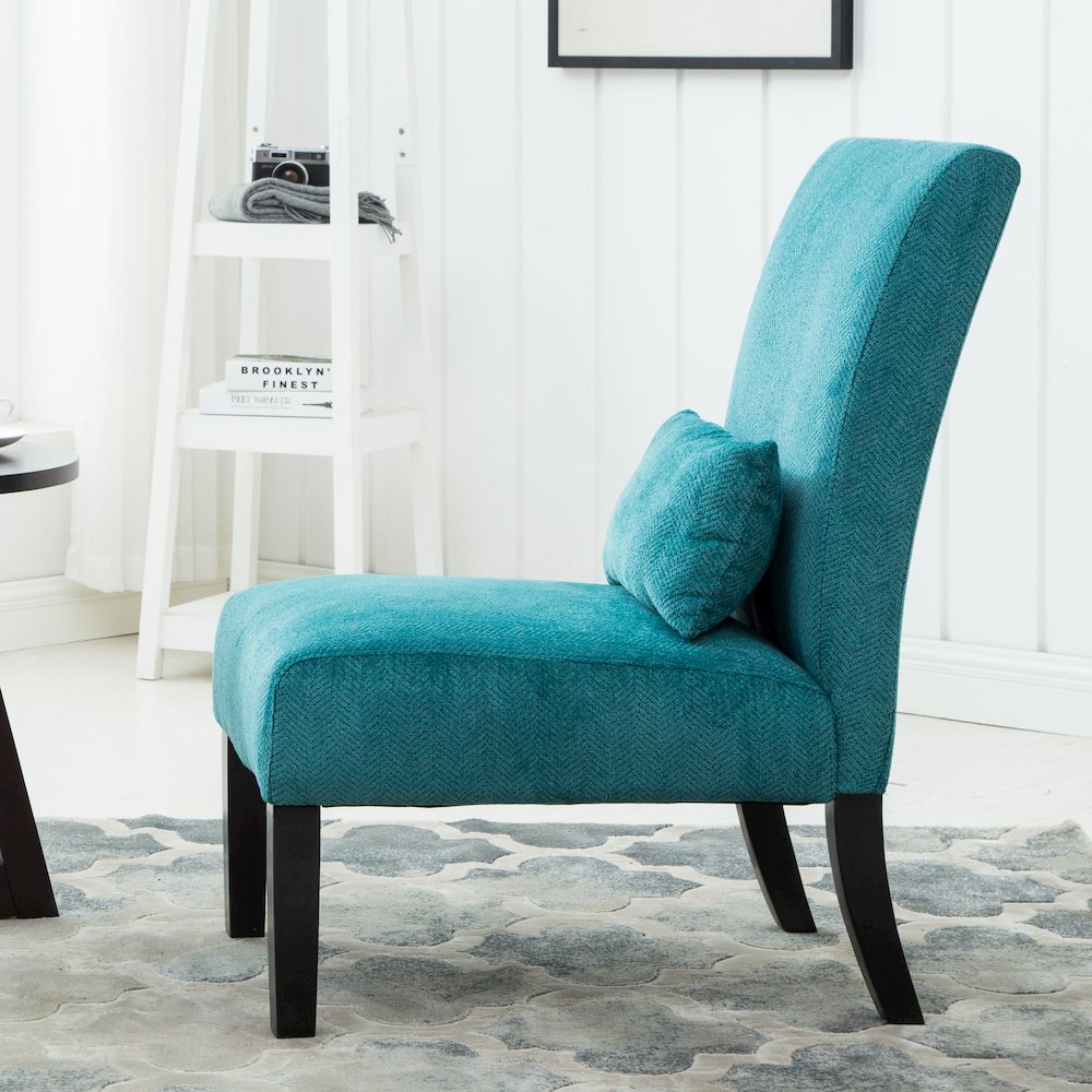 Pisano Teal Blue Fabric Armless Accent Chair with Matching Kidney Pillow. Picture 4