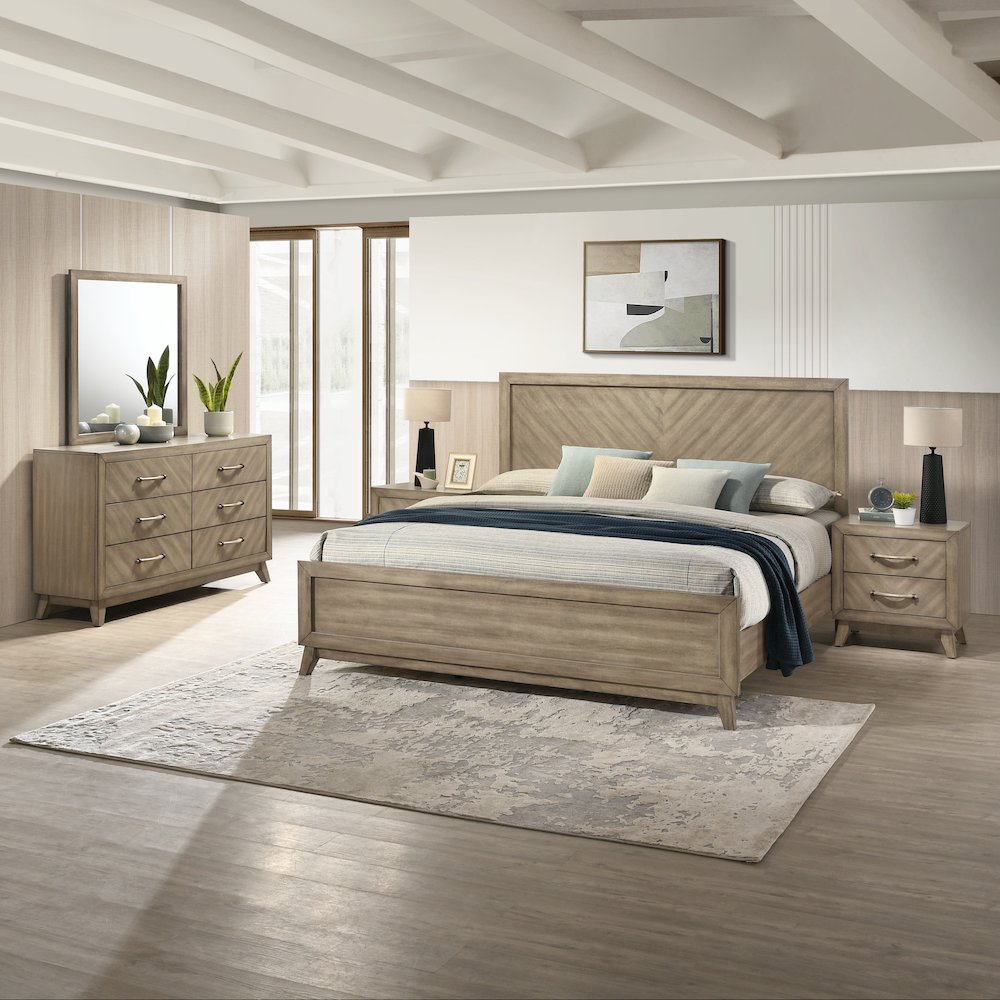 Wood Bedroom Set: Panel Bed, Dresser, Mirror, Nightstand,Chest in Weathered Sand. Picture 3