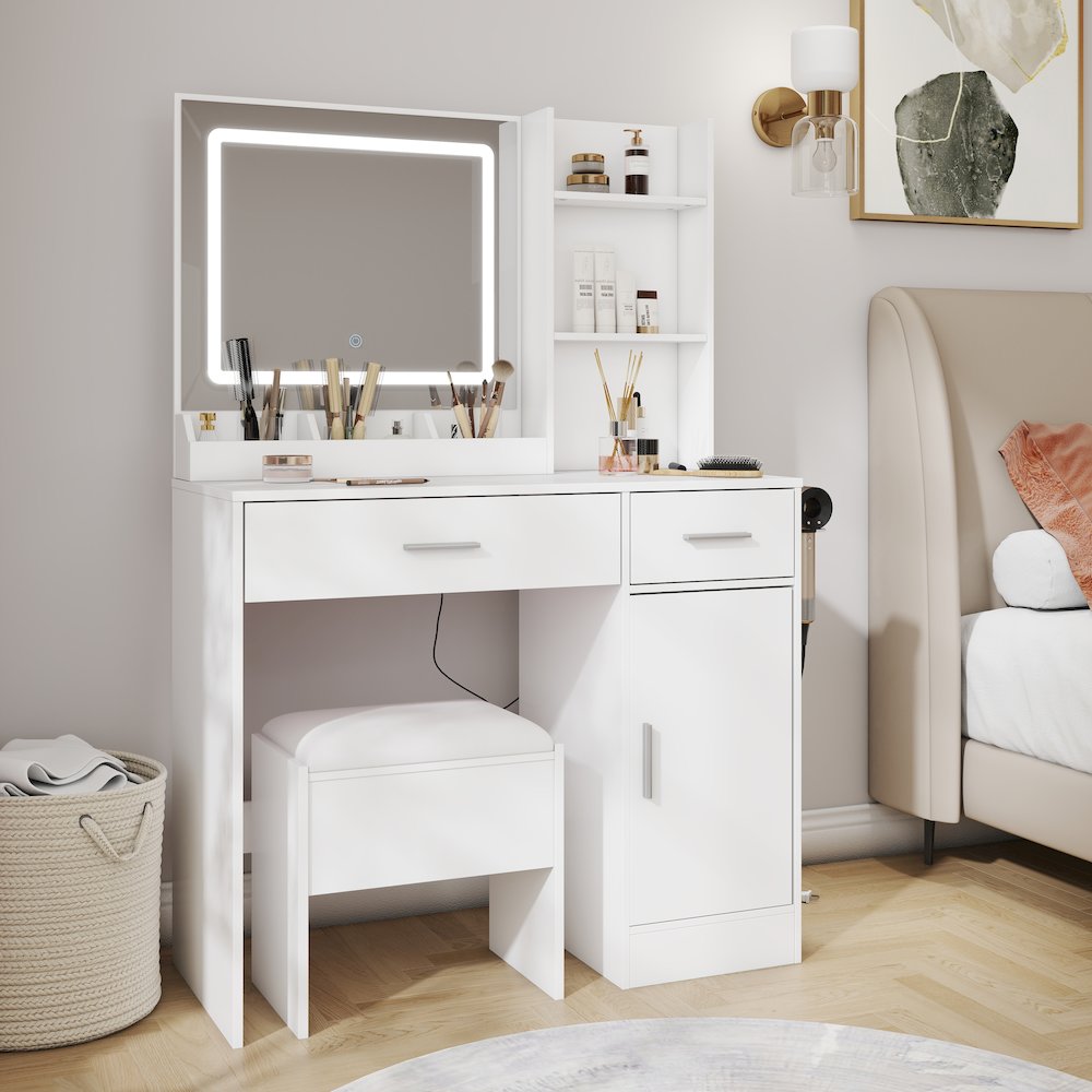 Makeup Vanity Set, Vanity Desk with Stool, LED Light Mirror, White. Picture 12