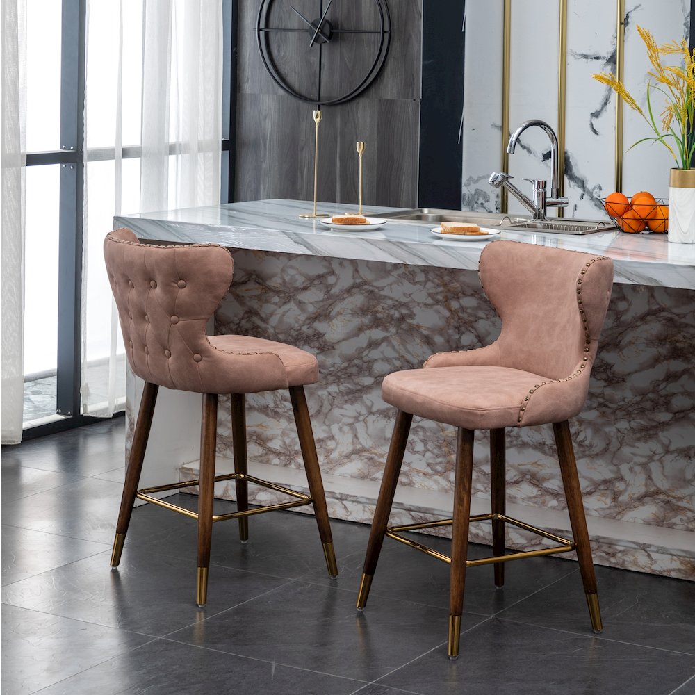 Nevis Modern Faux Leather Tufted Nailhead Trim Counter Stool Set of 2, Pink. Picture 3