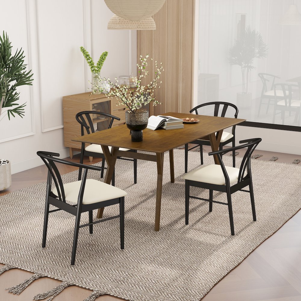 5-Piece Dining Set, Walnut Finished Dining Table with 4 Black Wishbone Chairs. Picture 4