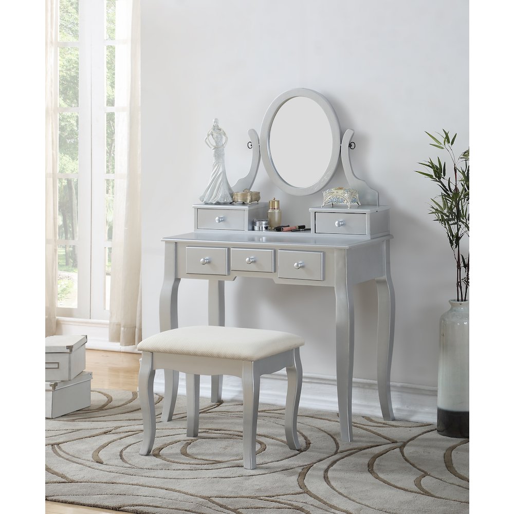 Ashley Wood Makeup Vanity Table and Stool Set, Silver. Picture 2