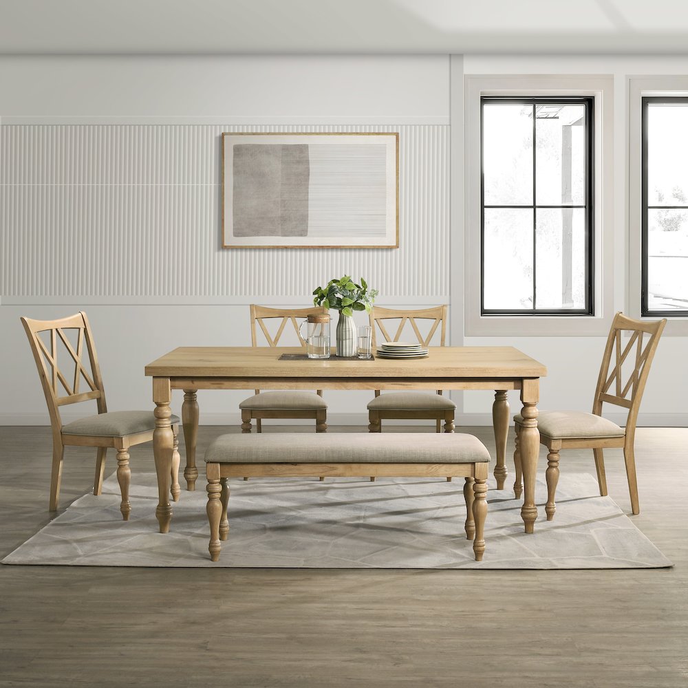 Verta 6-PC Dining Table with 4 Cross Back Chairs and Bench, Light Oak Finish. Picture 2