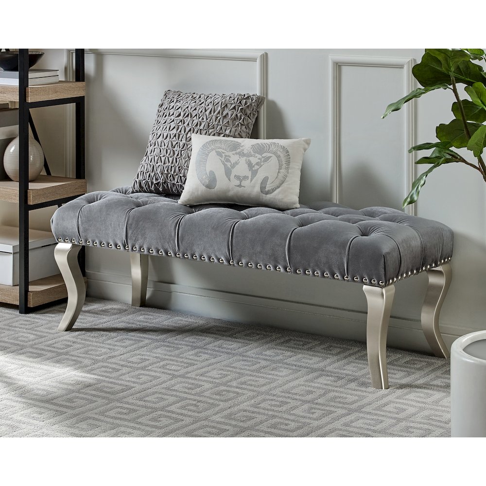 Decor Maxem Tufted Fabric Upholstered Seat with Nailhead Trim Bench, Gray. Picture 2