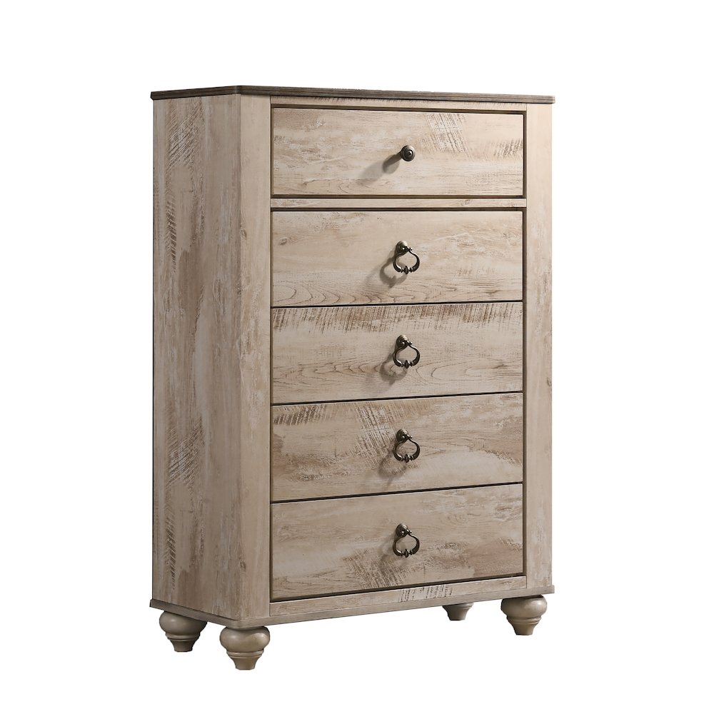 Imerland Contemporary White Wash Finish Patched Wood Top 5-drawer Chest. Picture 1