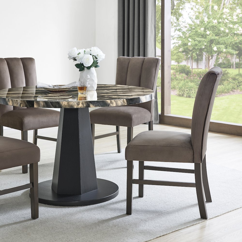 Cavira 5-PC Dining Set, Black and Gold Faux Marble Table with 4 Brown Chairs. Picture 3