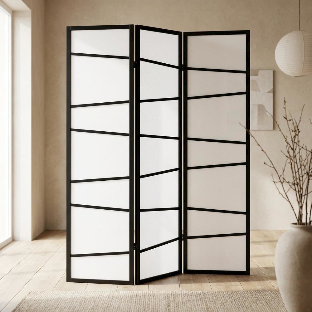Black 3-Panel Wood Folding Room Divider, Fabric, 71 Inch. Picture 2