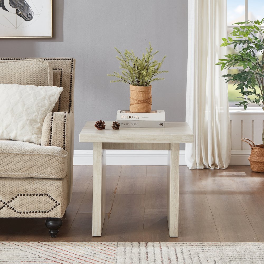 Cavira 3-Piece Faux Marble Coffee Table Set, Table and Two End Tables, Beige. Picture 7