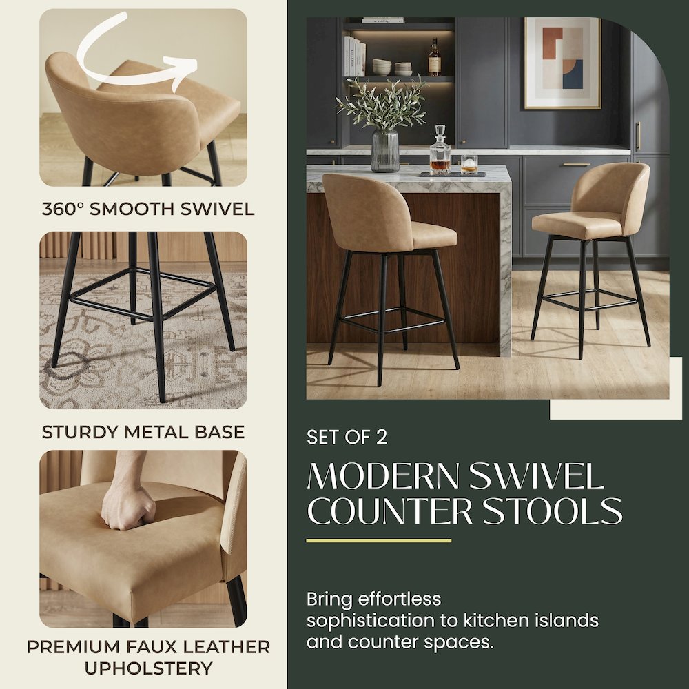 Rhythm Upholstered Counter Height Stool, 360° Swivel, Set of 2, Camel. Picture 5