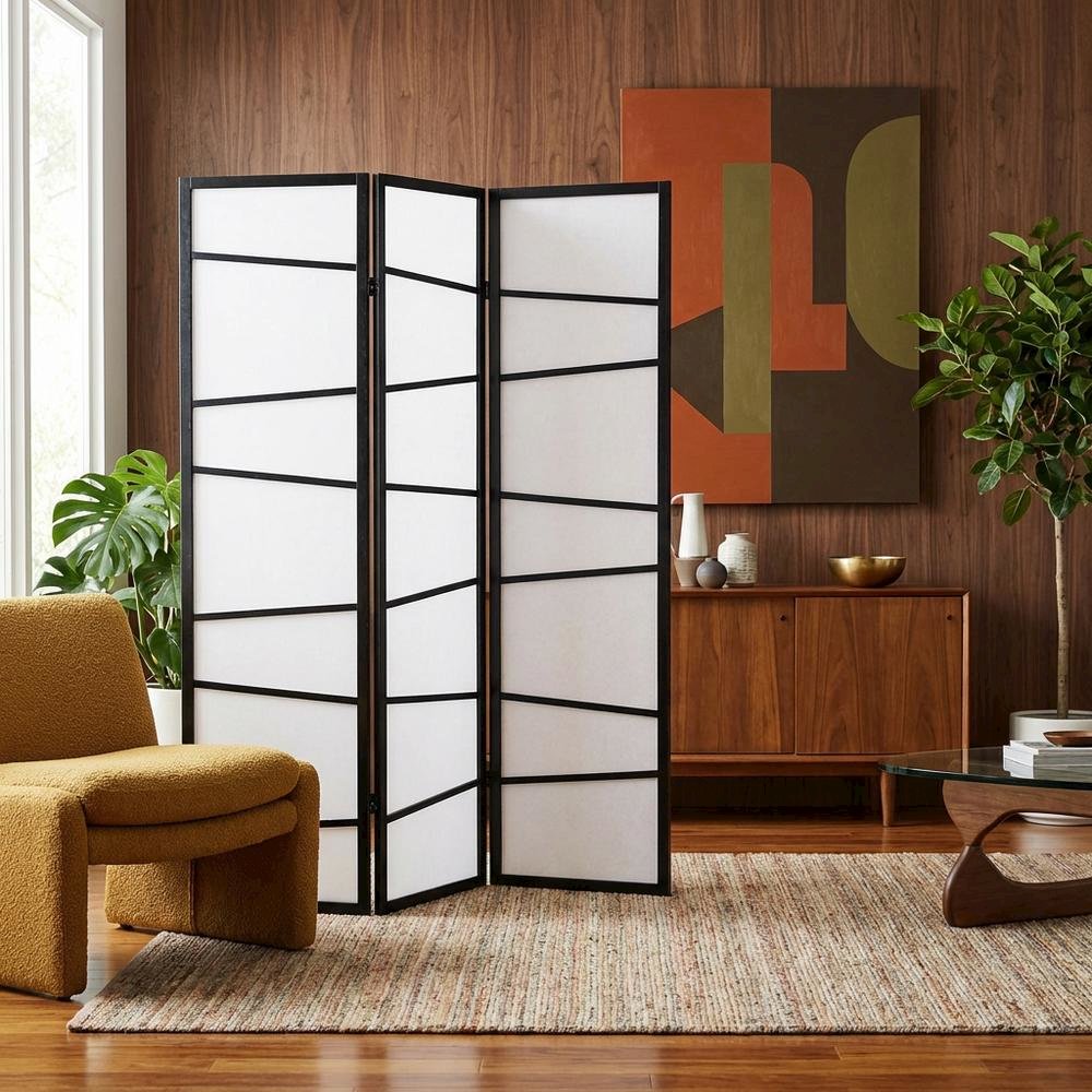 Black 3-Panel Wood Folding Room Divider, Fabric, 71 Inch. Picture 3