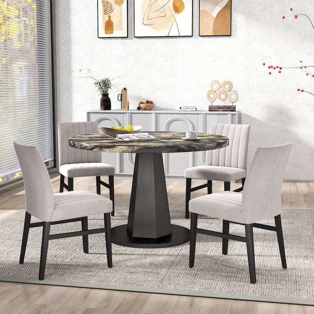 5-Piece Dining Set, Black and Gold Faux Marble Dining Table Four Chairs, Tan. Picture 4