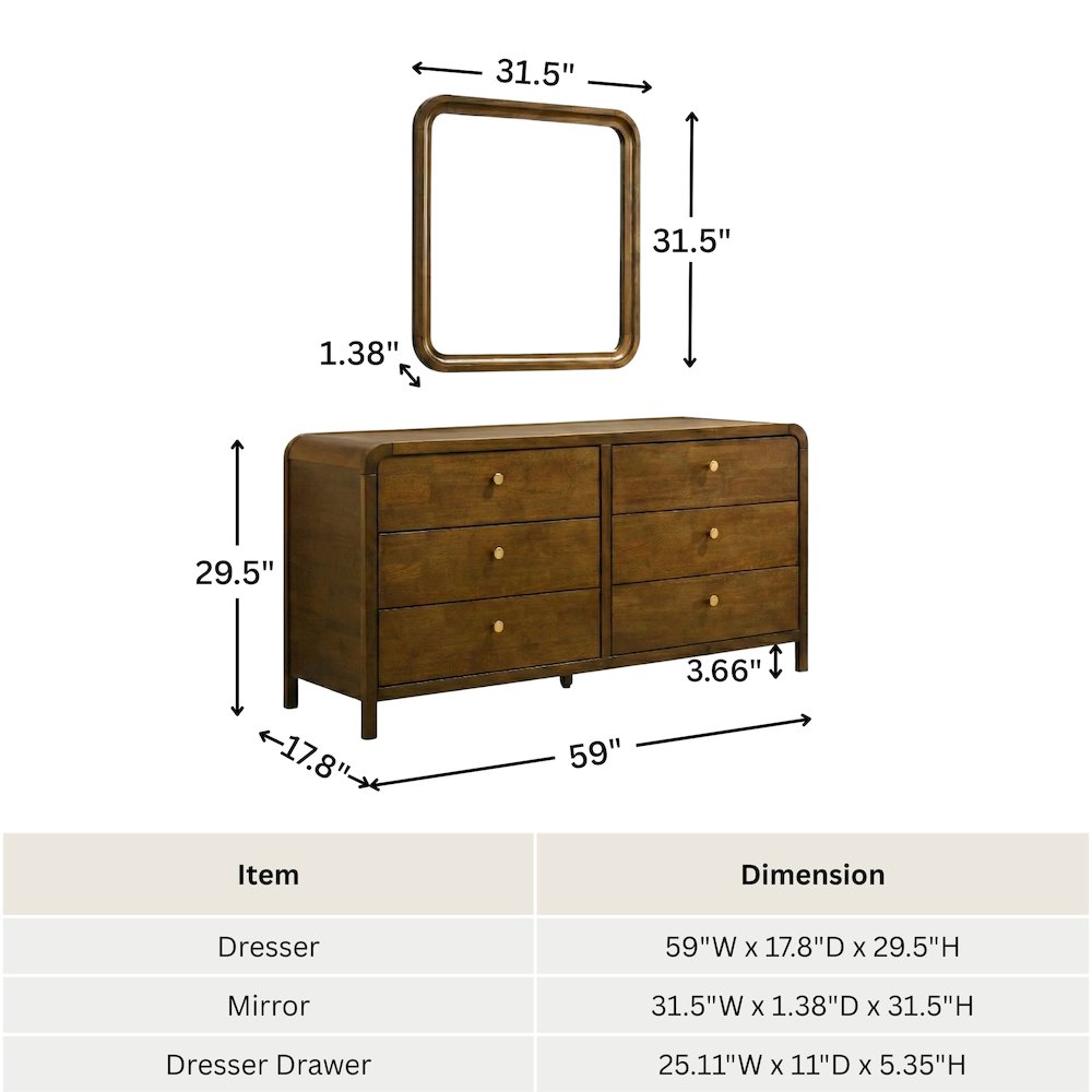 Eldren 6-Drawer Wood Dresser with Mirror, Walnut Finish. Picture 10