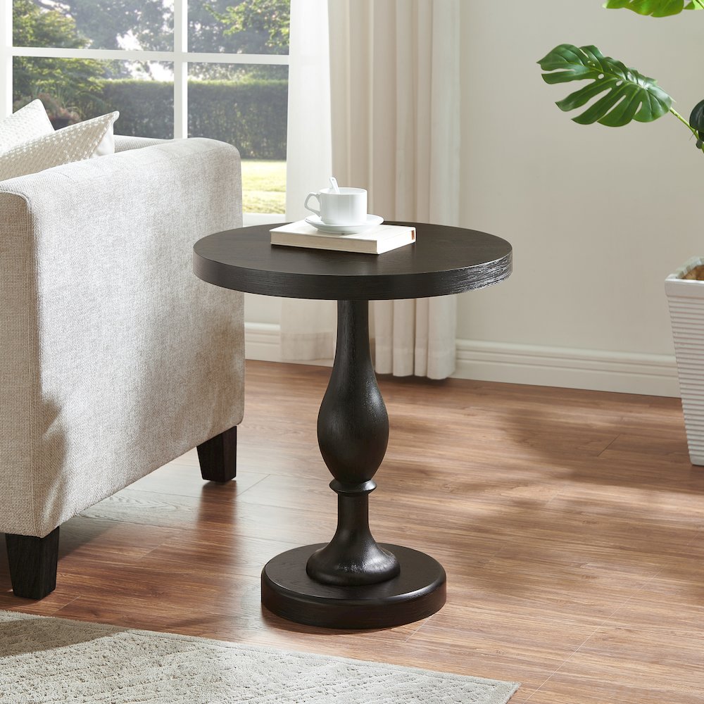 Solmere 22" Round Wood Pedestal End Table, Black. Picture 2