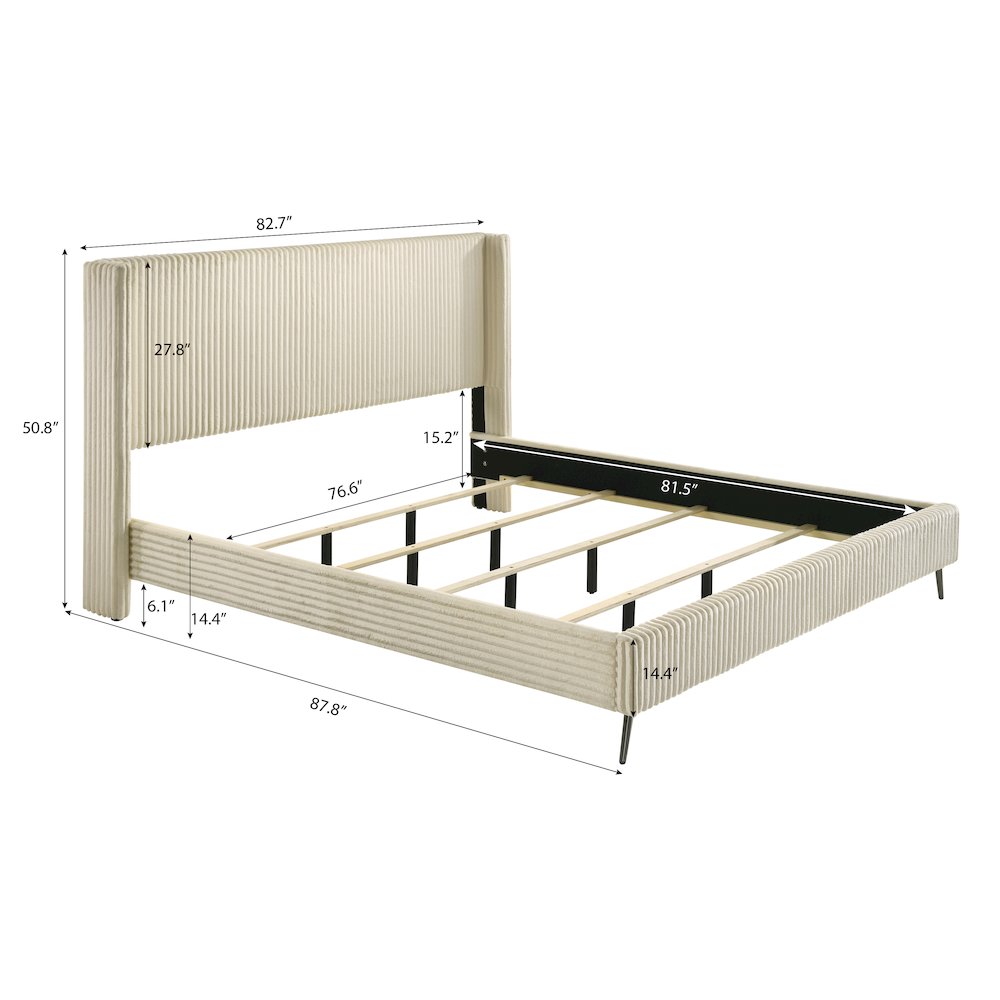 Mavela Wide Wale Corduroy Upholstery Panel King Bed with 2 Nightstands and Bench. Picture 15