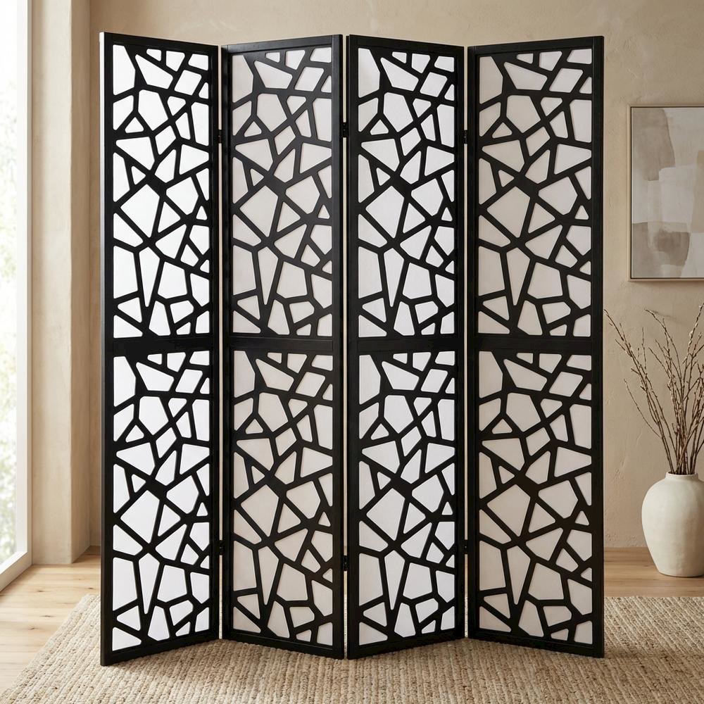 Black 4-Panel Wood Folding Room Divider, Fabric, 70 Inch. Picture 2