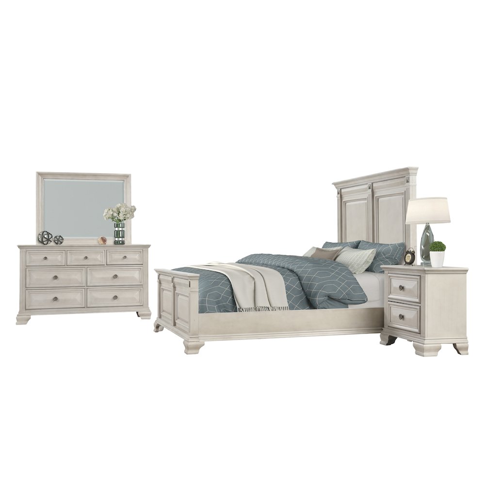 Distressed Parchment Wood Bedroom Set, Queen Bed, Dresser, Mirror, Nightstand. Picture 1