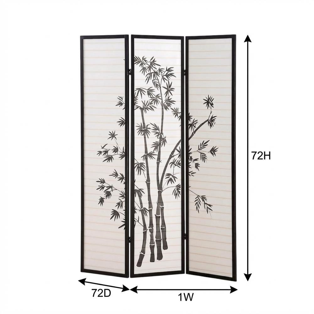 Black 3-Panel Wood Folding Room Divider, Rice Paper, 72 Inch. Picture 7
