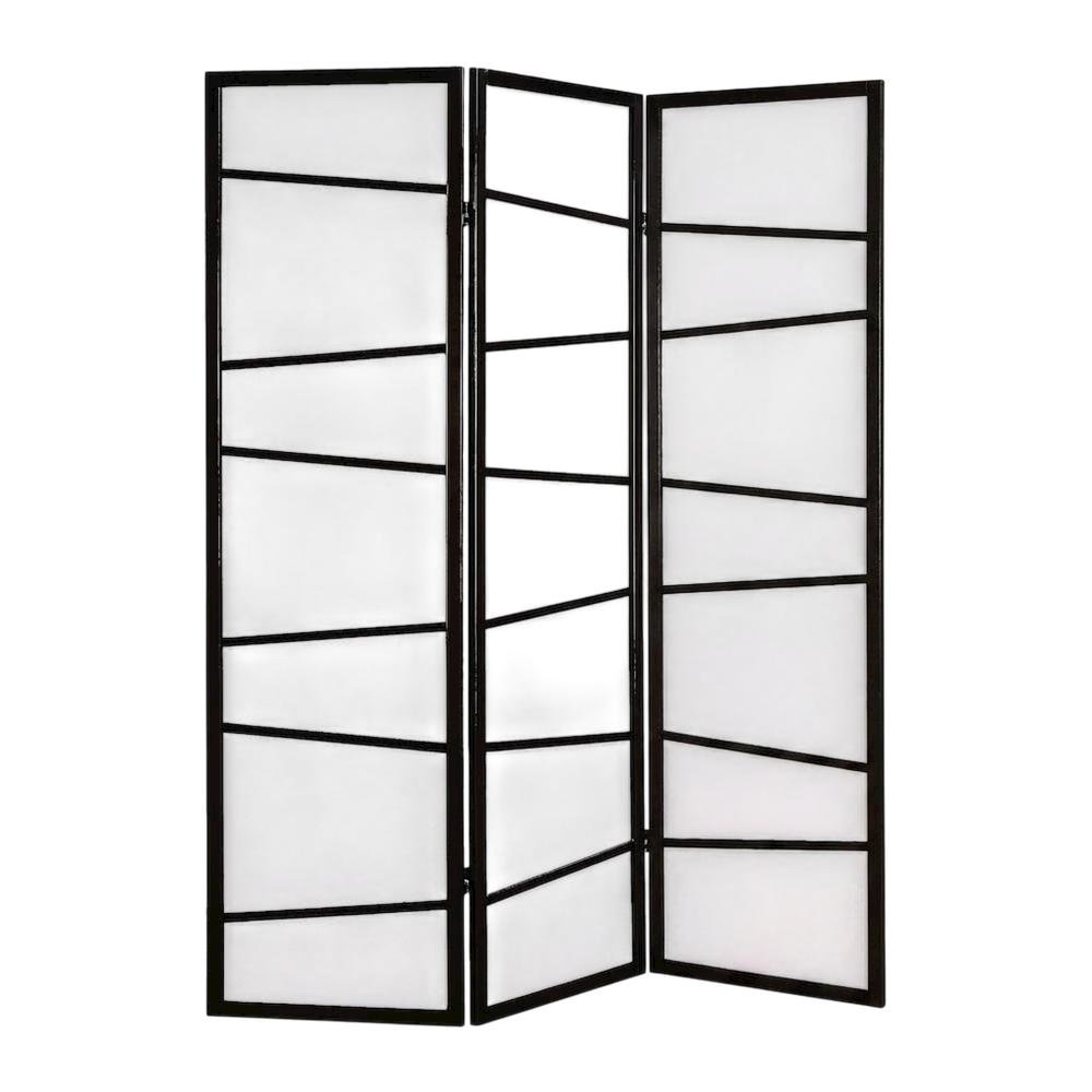 Black 3-Panel Wood Folding Room Divider, Fabric, 71 Inch. Picture 1