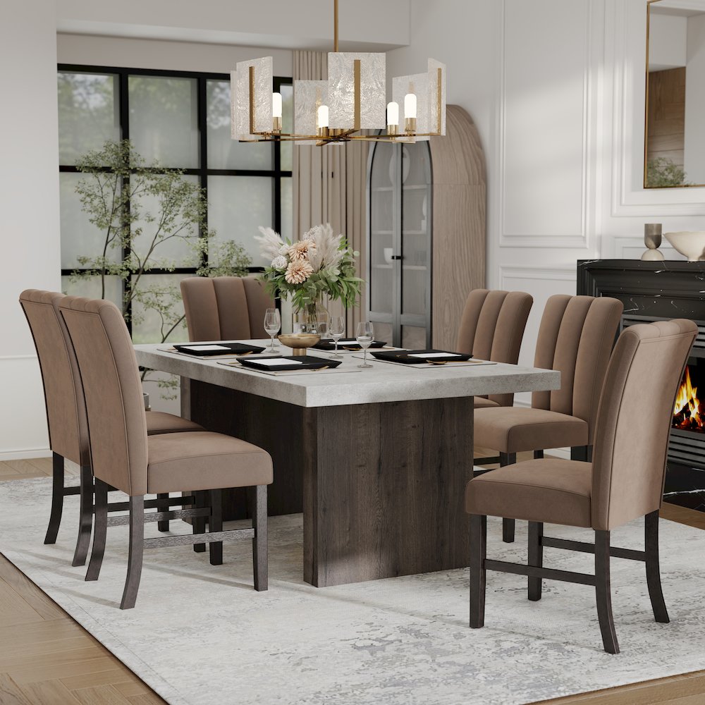 Sorlen 7-Piece Dining Set, 3D Faux Concrete Table with 6 Chocolate Fabric Chairs. Picture 4