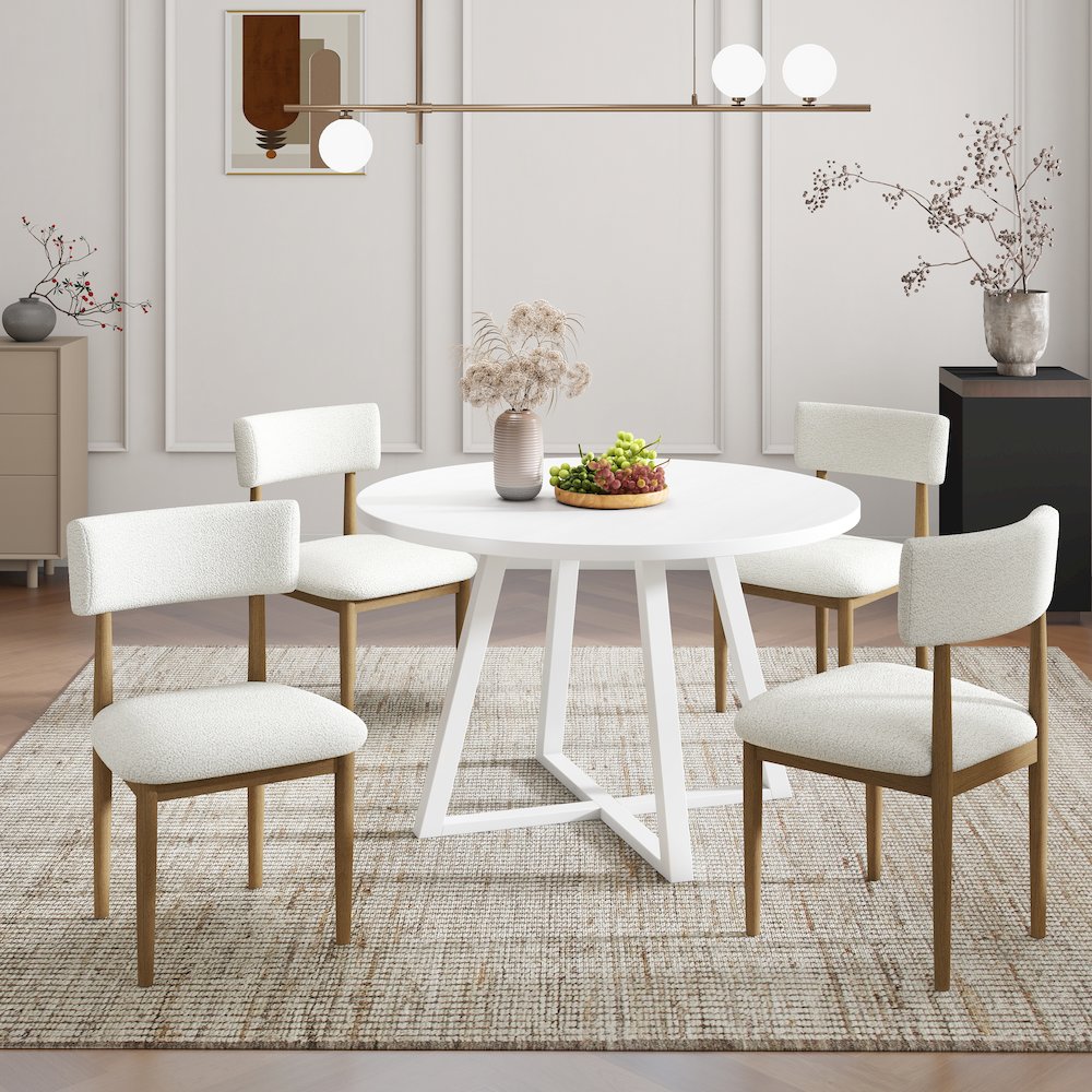 Edo 5-Piece Dining Set, Round Trestle Table and 4 Chairs, White and Natural. Picture 3