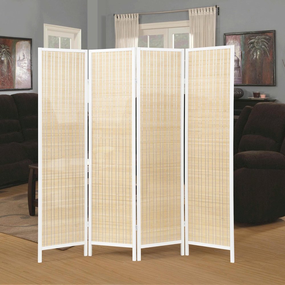 Inkwell 4-Panel Bamboo Room Divider, Folding Screen, Natural with White Frame. Picture 2