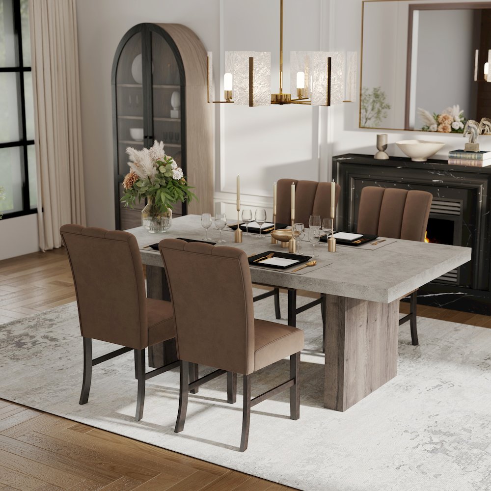 Sorlen 5-Piece Dining Set, 3D Faux Concrete Table with 4 Chocolate Fabric Chairs. Picture 5