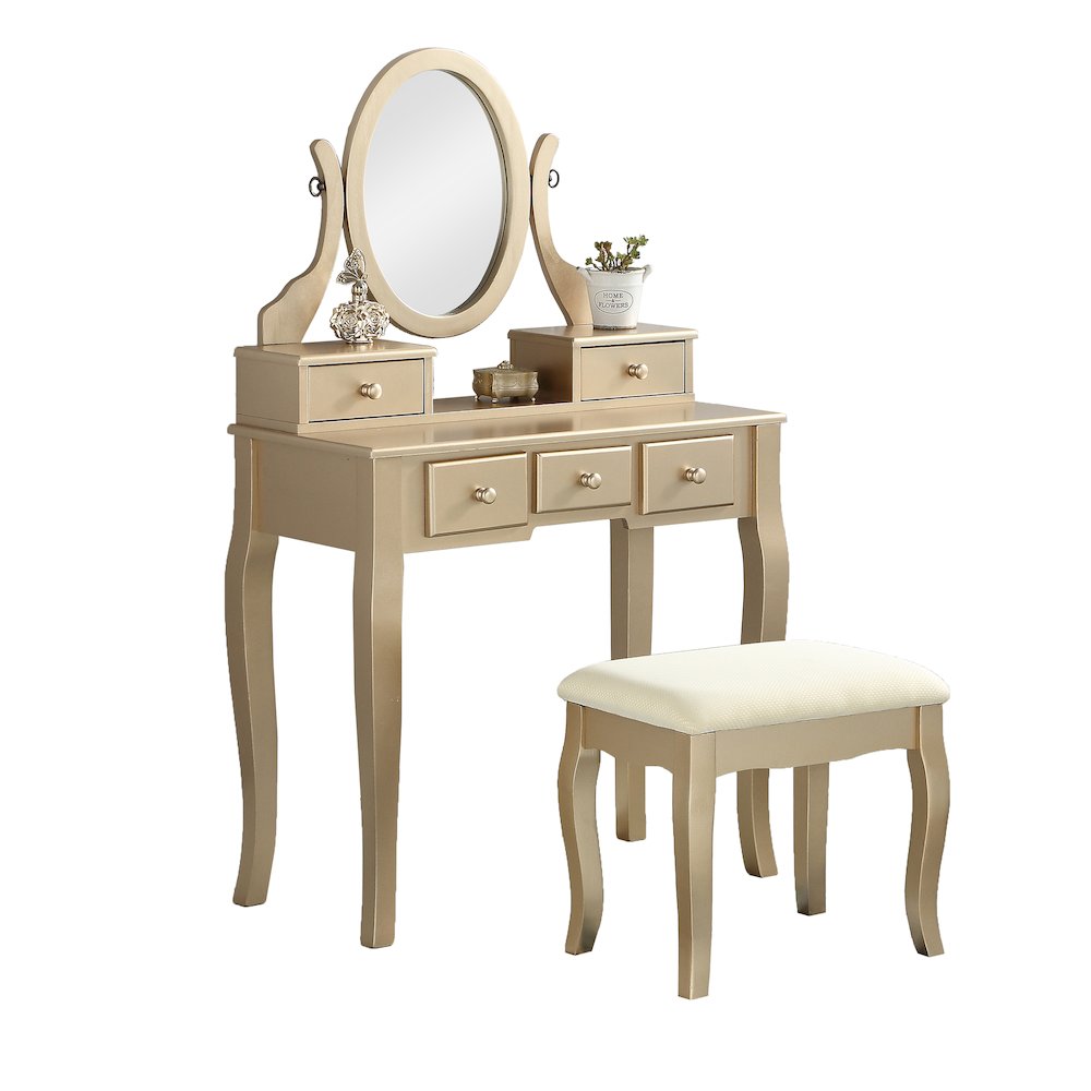 Ashley Wood Makeup Vanity Table and Stool Set, Gold. Picture 1