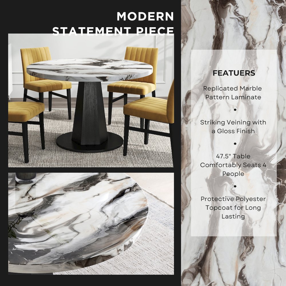 5-Piece Dining Set, Off-White Faux Marble Dining Table with Four Chairs, Yellow. Picture 6