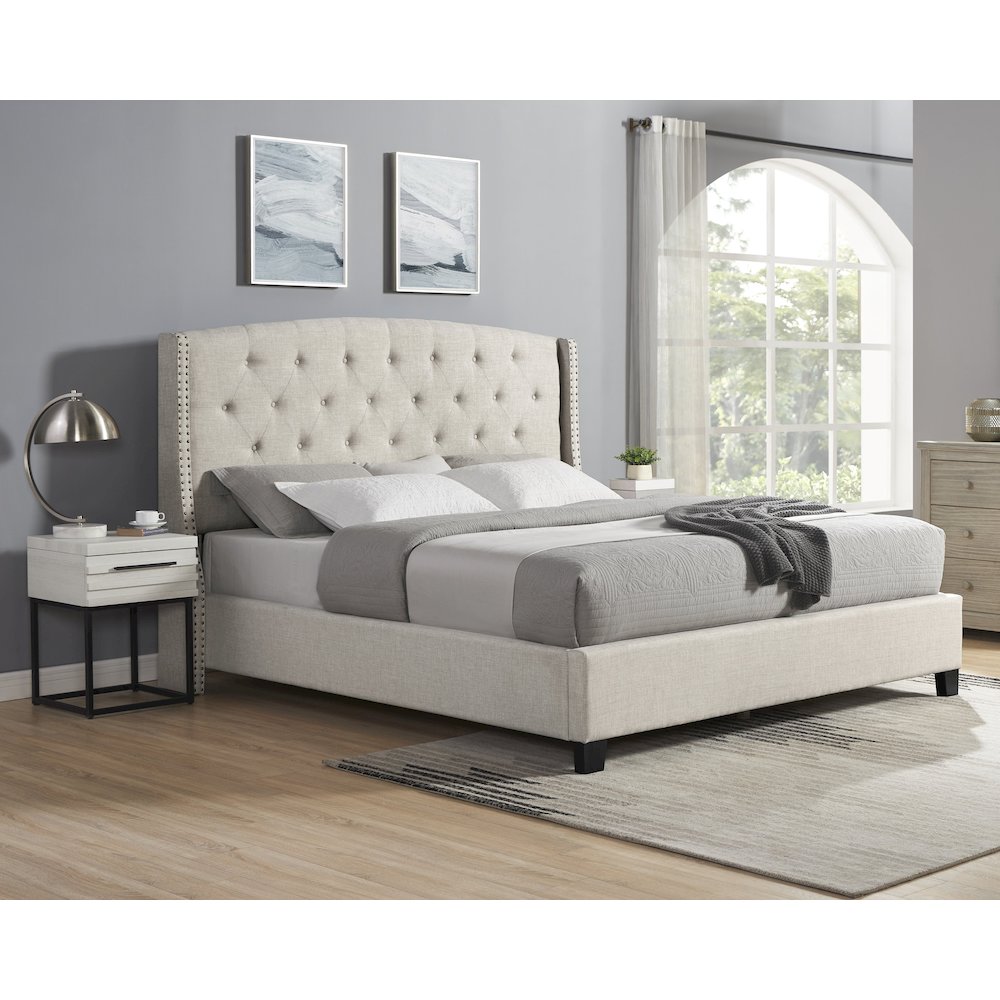 3-Piece Upholstered Bedroom Set, Tufted Wingback Bed, 2White Nightstands, Queen. Picture 3