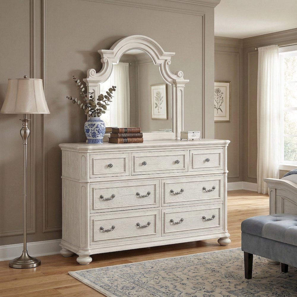 Nelson 7-Drawer Bedroom Dresser with Mirror, Antique White. Picture 2