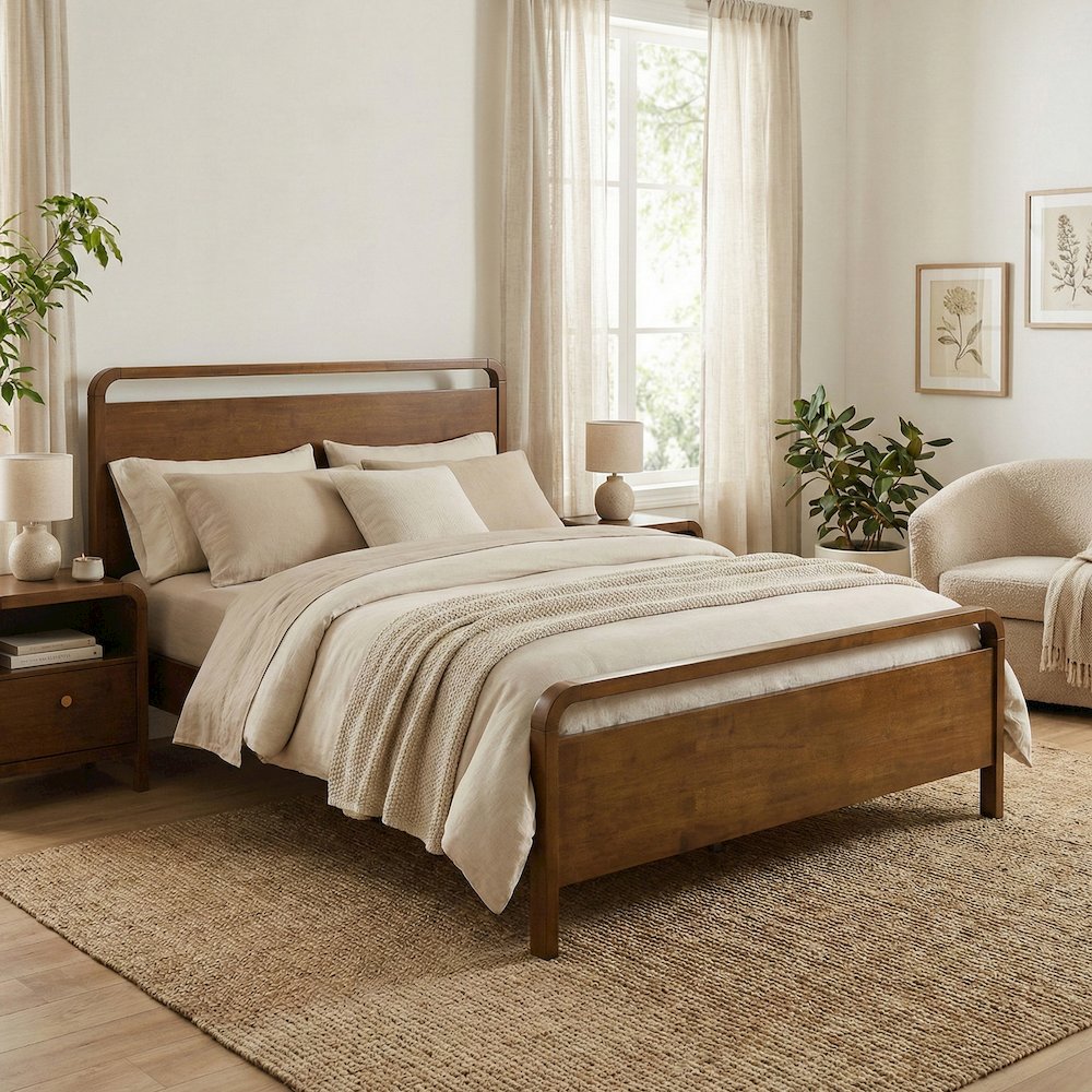 Eldren Wood Platform Bed in Walnut Finish, Queen. Picture 2