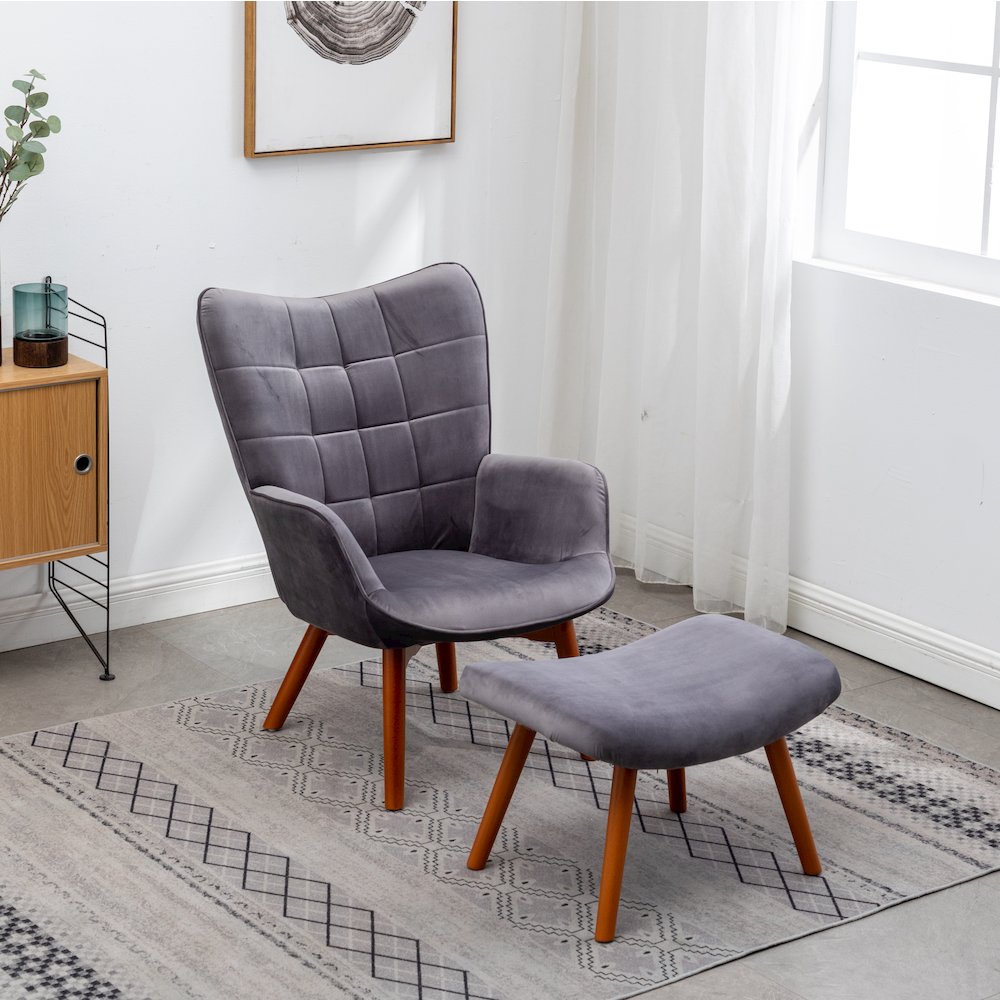 Leiria Contemporary Silky Velvet Tufted Accent Chair with Ottoman, Gray. Picture 2
