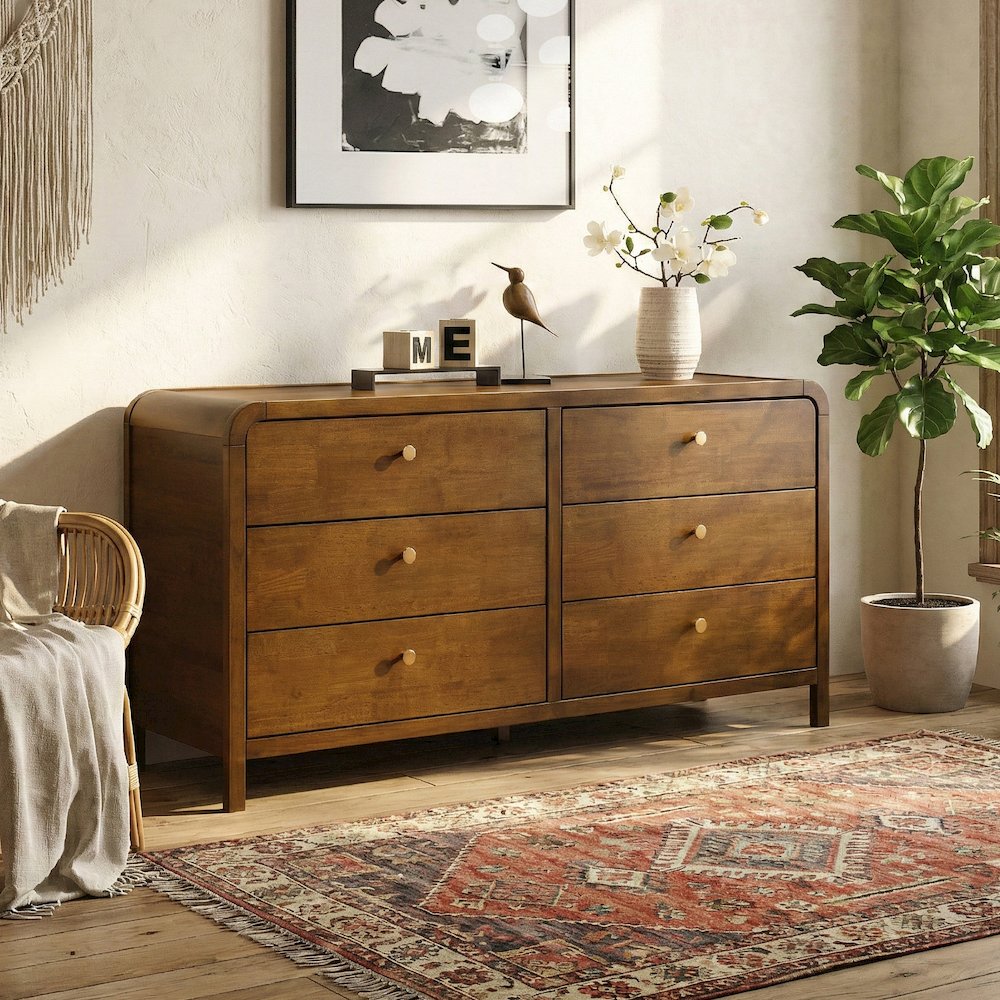 Eldren 6-Drawer Wood Dresser with Solid Rubberwood Frame, Walnut Finish. Picture 2