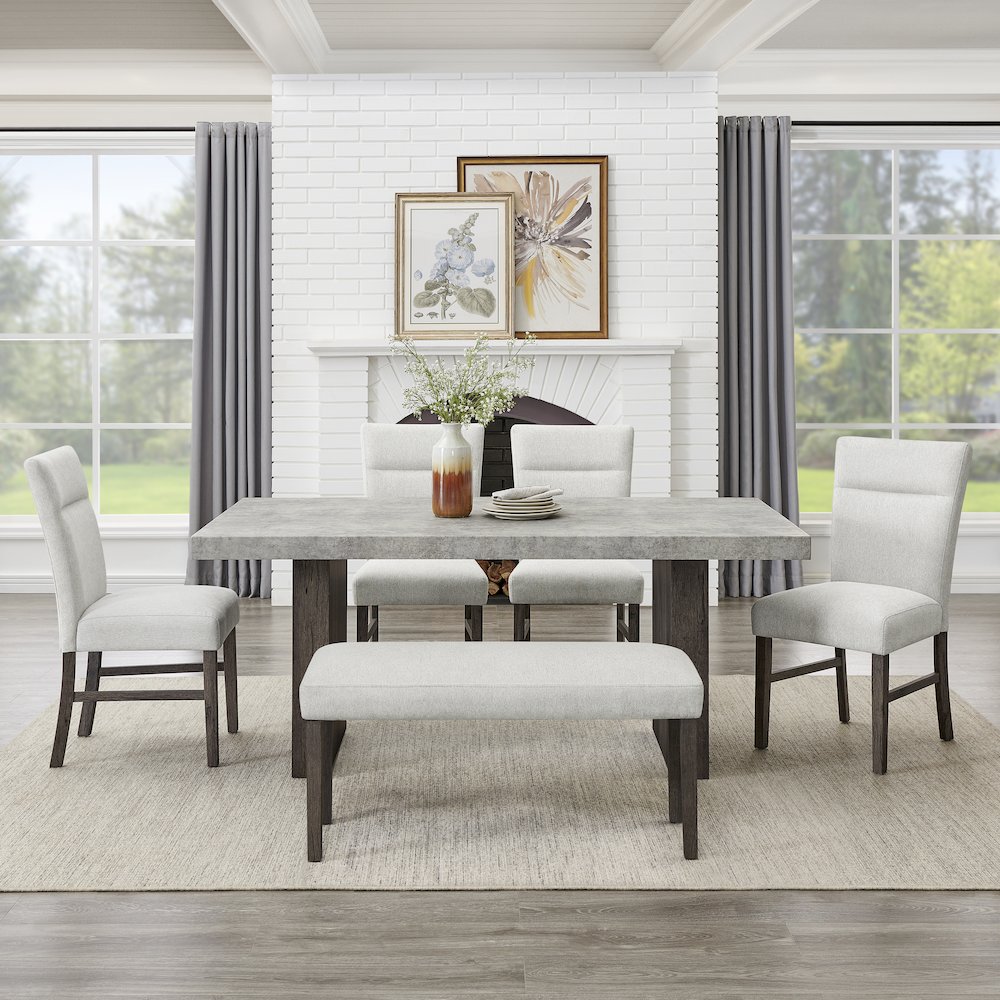 Sorlen Modern 6-Piece Dining Set, 3D Faux Concrete Table with 4 Chairs and Bench. Picture 6