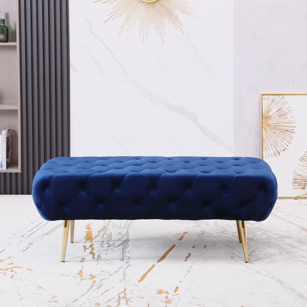 Sira Velvet Button Tufted Bench with Gold Metal Legs, Blue. Picture 3