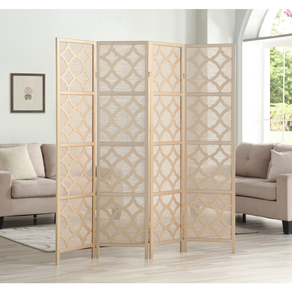 Quarterfoil infused Diamond Design 4-Panel Room Divider, Gold. Picture 2