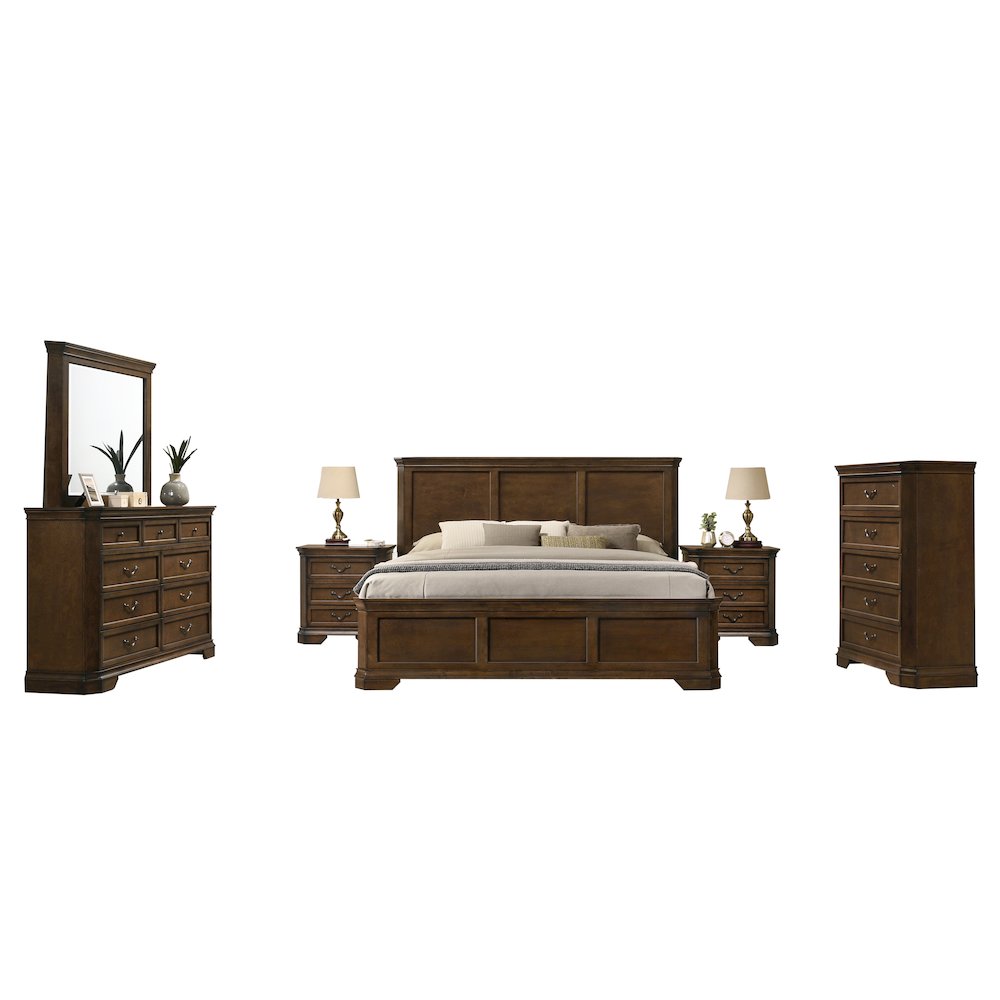 Wood Bed, Dresser, Mirror, 2 Nightstands, Chest, Queen, Antique Walnut Finish. Picture 1