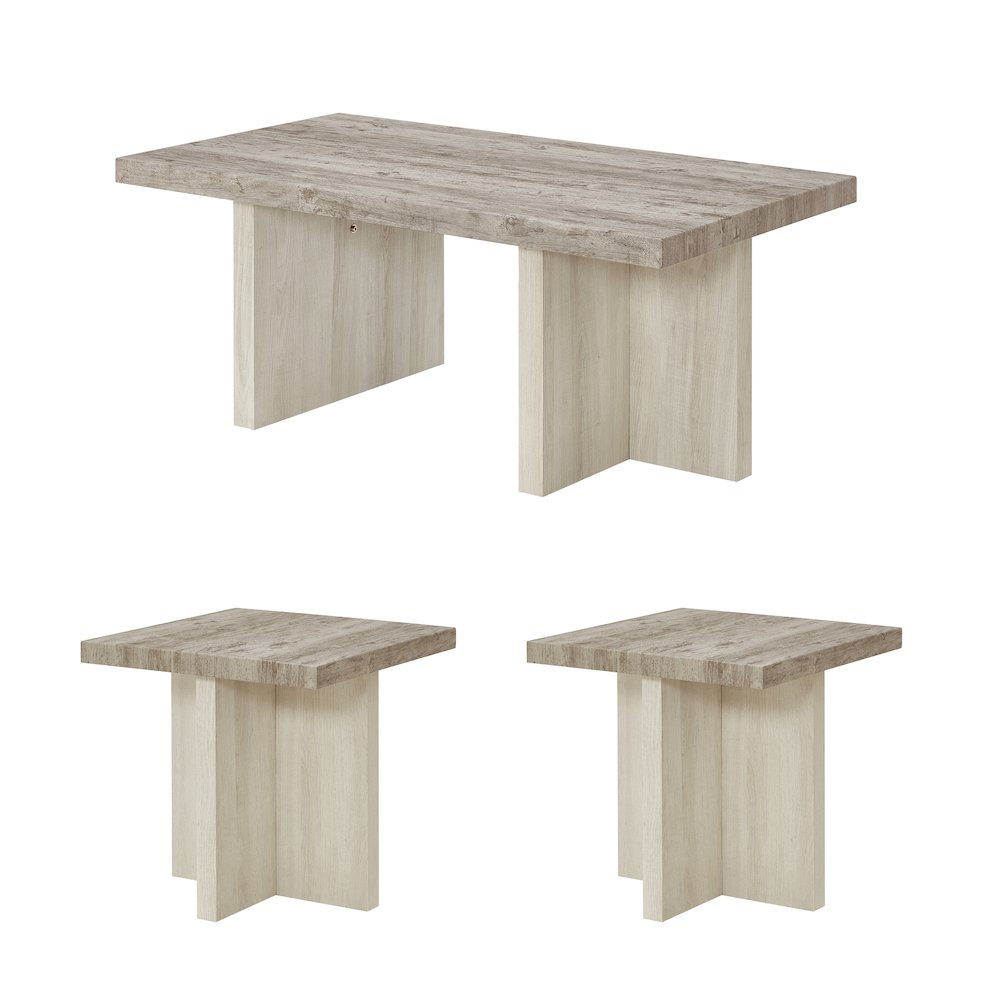 3-Piece Coffee Table Set, Coffee Table, Two End Tables, Weathered Gray and Beige. Picture 1