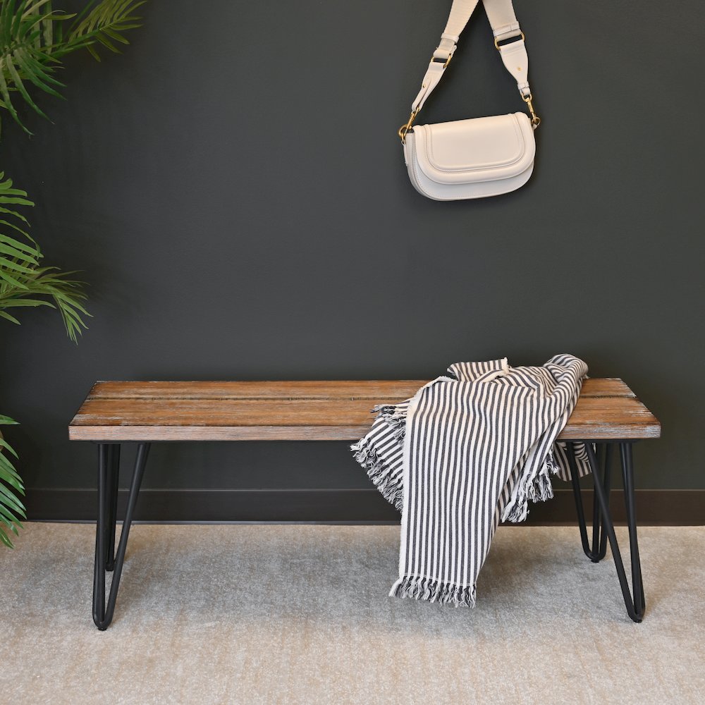 Aryven Industrial Wood Dining Bench, Rustic Dark Pine Finish. Picture 3