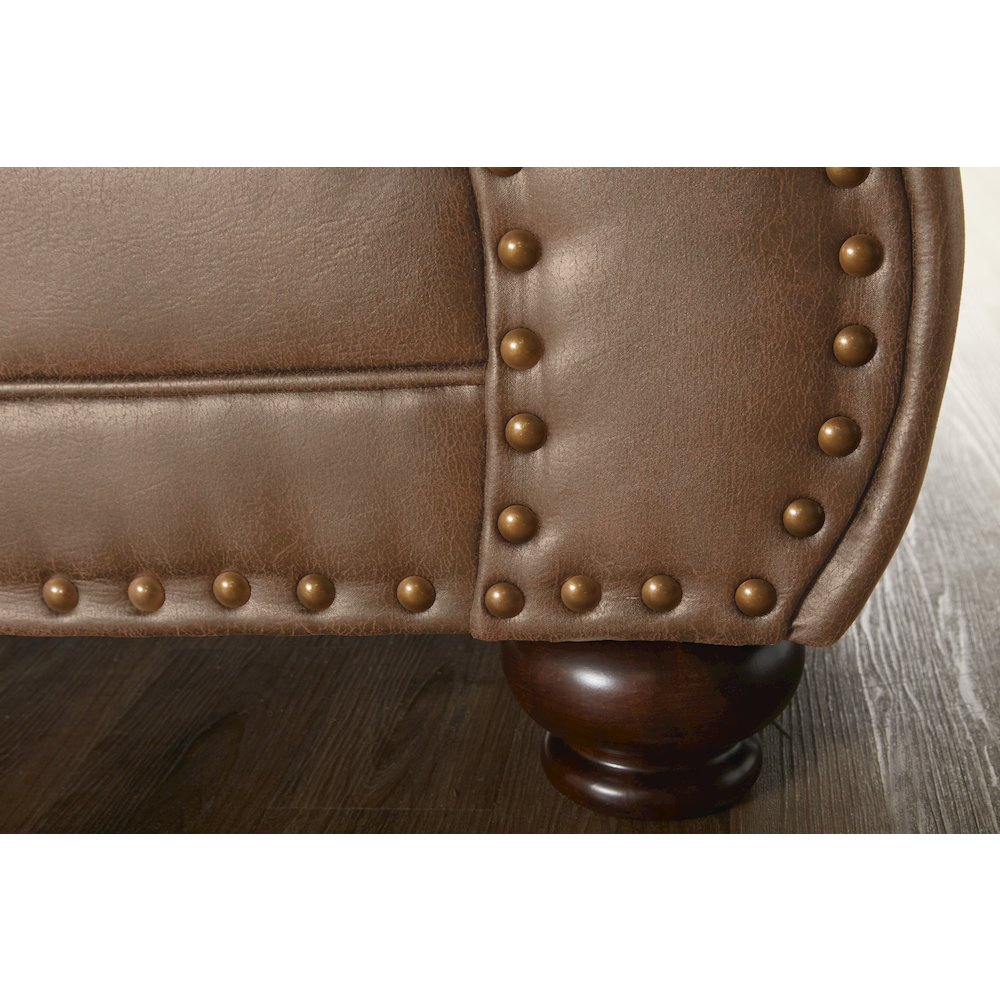 Leinster Faux Leather Loveseat with Antique Bronze Nailheads in Jetson Ginger. Picture 5