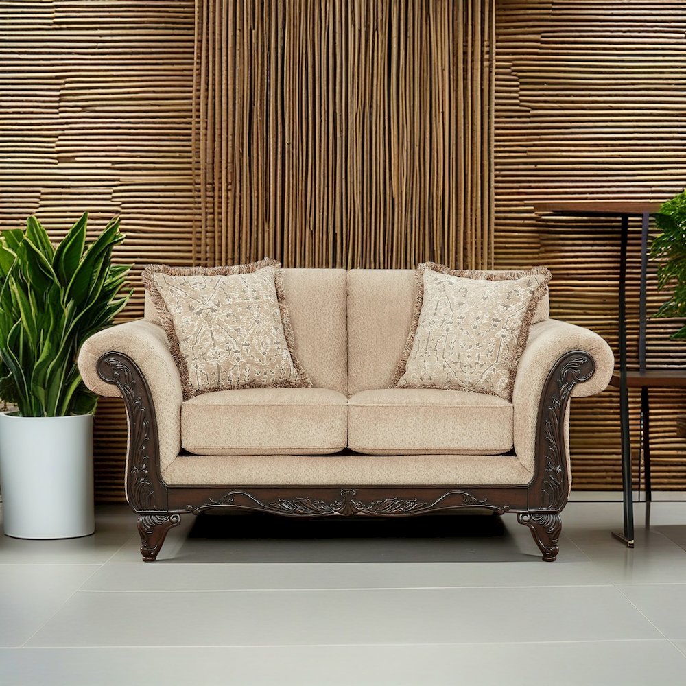 Hernen Carved Wood Frame Loveseat, Emma Wheat. Picture 3