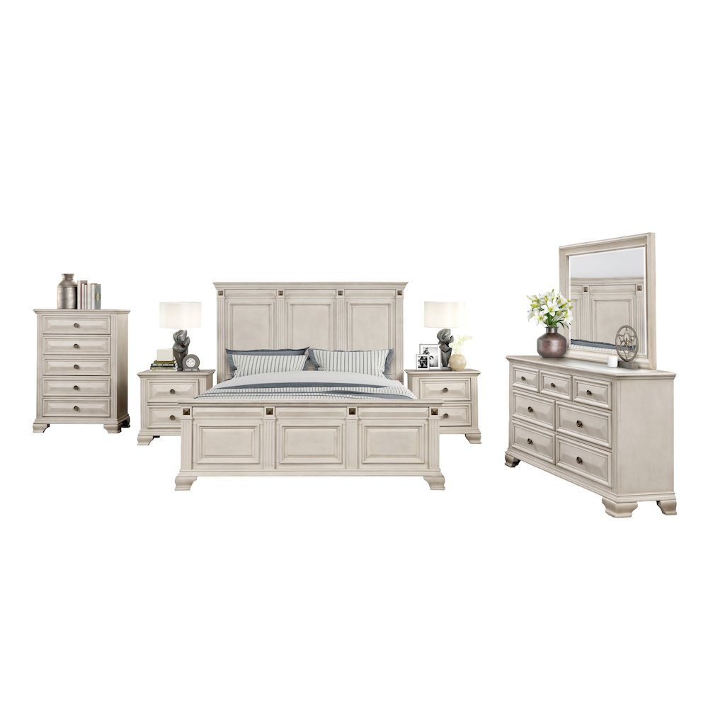 Parchment Wood Bedroom Set, King Bed, Dresser, Mirror, 2 Nightstands, Chest. Picture 1
