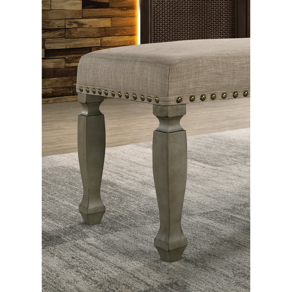 Breda Antique Gray Finish Upholstered Nailhead Bench. Picture 3