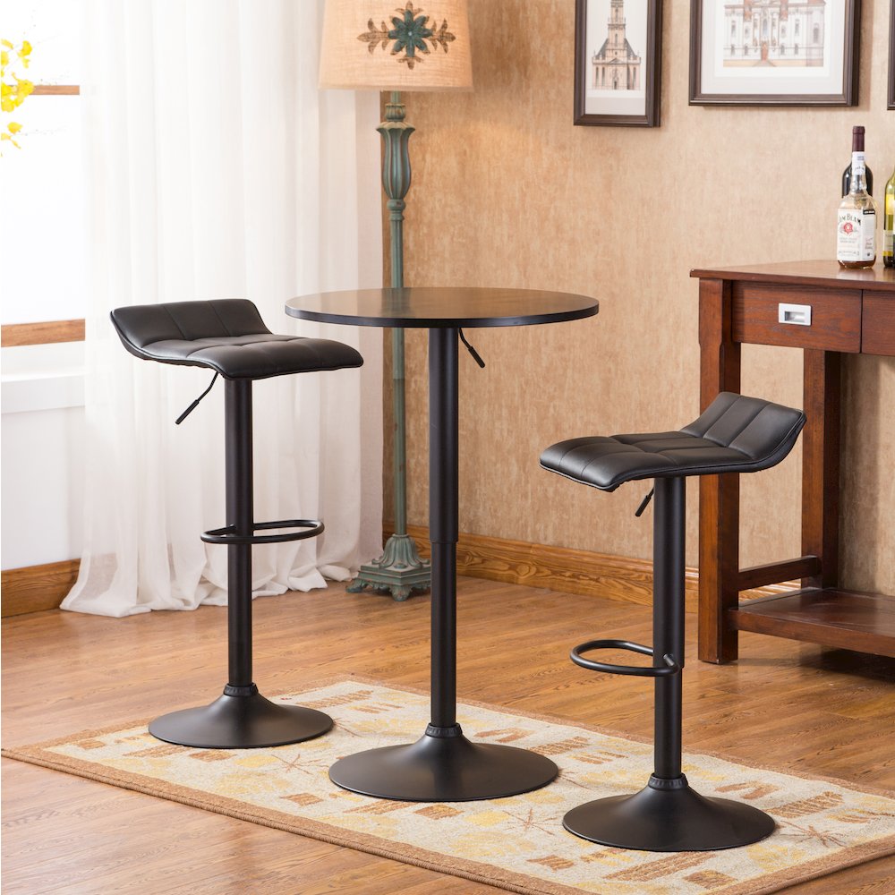 Belham Round Adjustable Bar Table and 2 Swivel Adjustable Bar Stools, Black. Picture 2