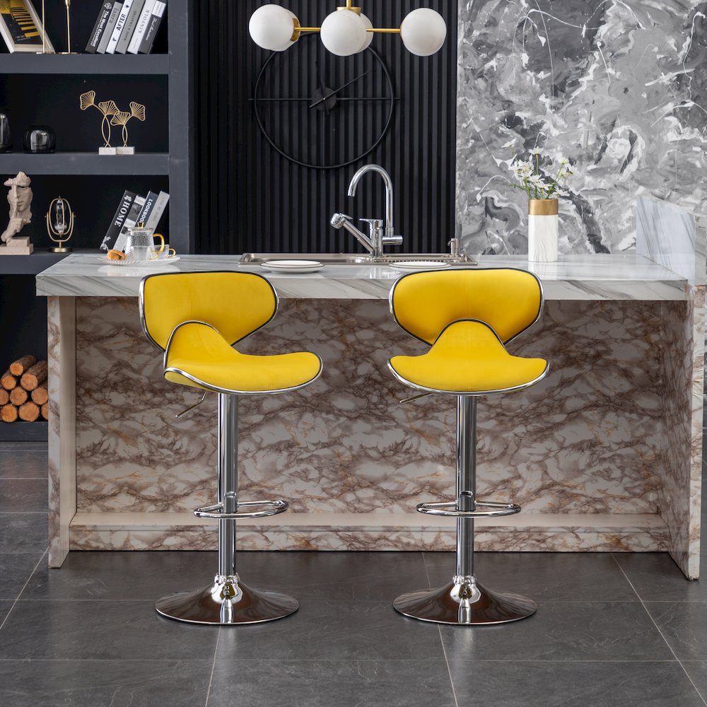 Masaccio Velvet Upholstered Adjustable Swivel Barstool, Set of 2, Yellow. Picture 3